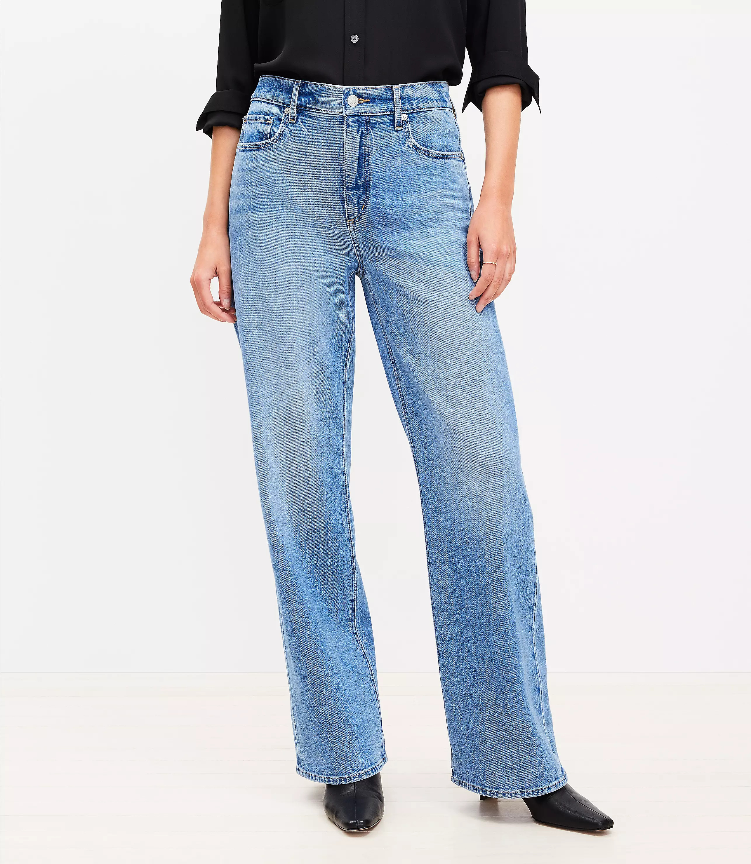 Petite Curvy High Rise Wide Leg Jeans in Bright Mid Indigo Wash | LOFT