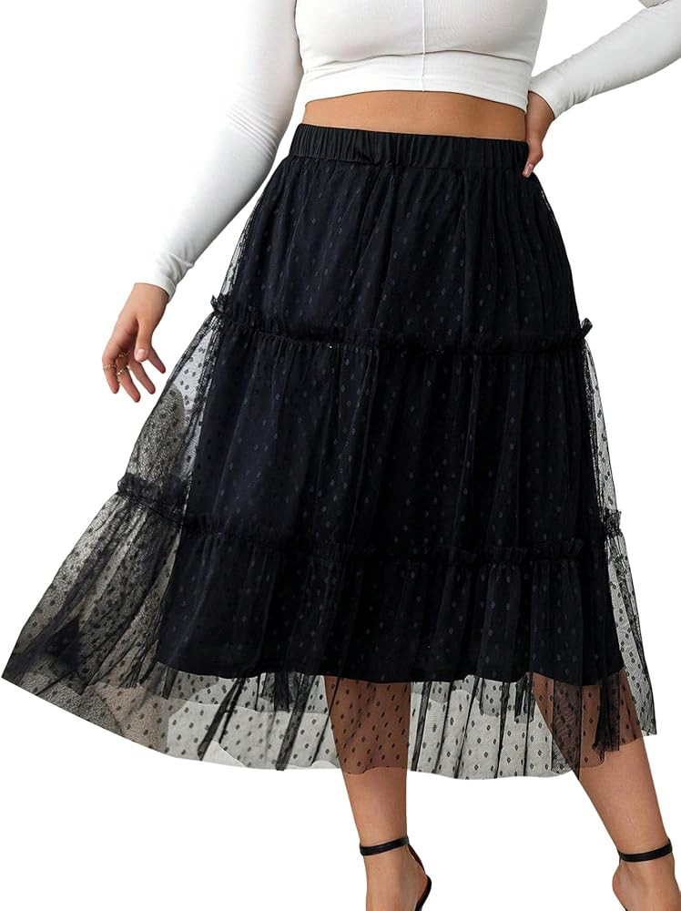 Floerns Women's Plus Size Heart Printed Contrast Mesh Frill Trim Flared Midi Skirt Black Dull 2XL | Amazon (US)