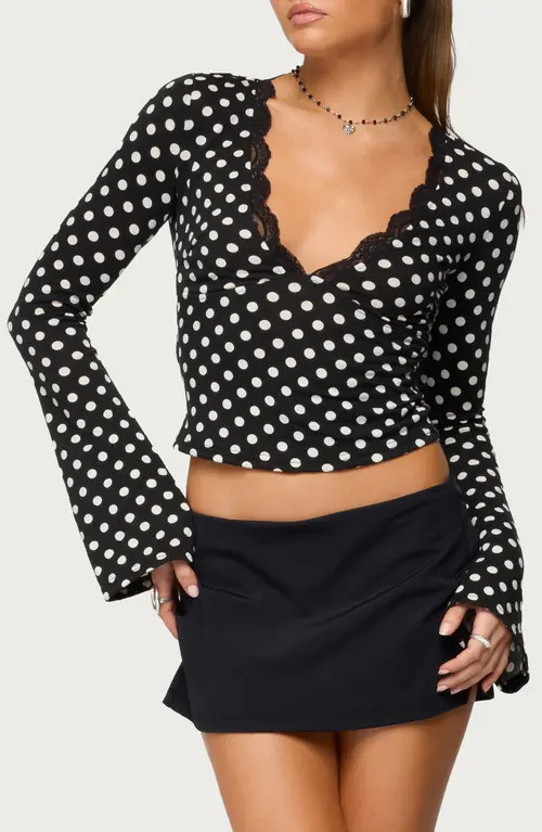 EDIKTED Lacey Polka Dot Long Sleeve Crop Top in Black-And-White at Nordstrom, Size X-Large | Nordstrom