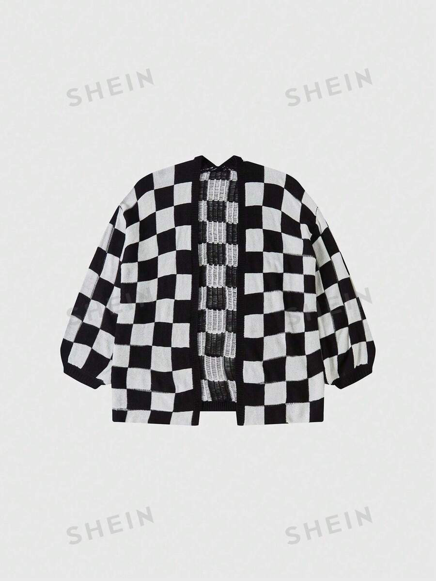 SHEIN Essnce Checked Drop Shoulder Cardigan | SHEIN