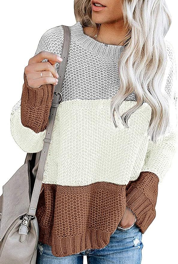 MEROKEETY Women's Crew Neck Long Sleeve Color Block Knit Sweater Casual Pullover Jumper Tops | Amazon (US)