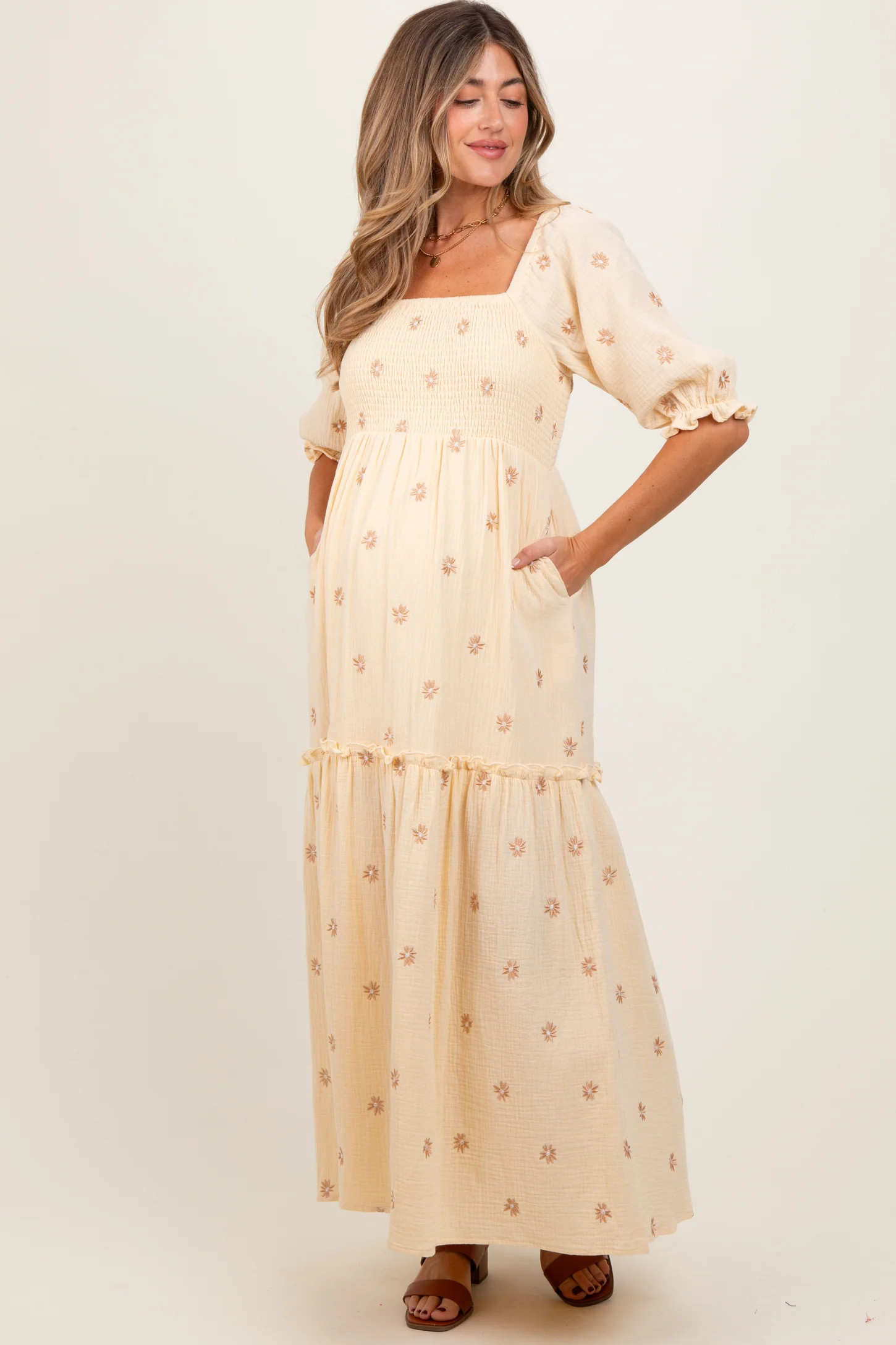 Cream Floral Smocked Puff Sleeve Maternity Maxi Dress | PinkBlush Maternity