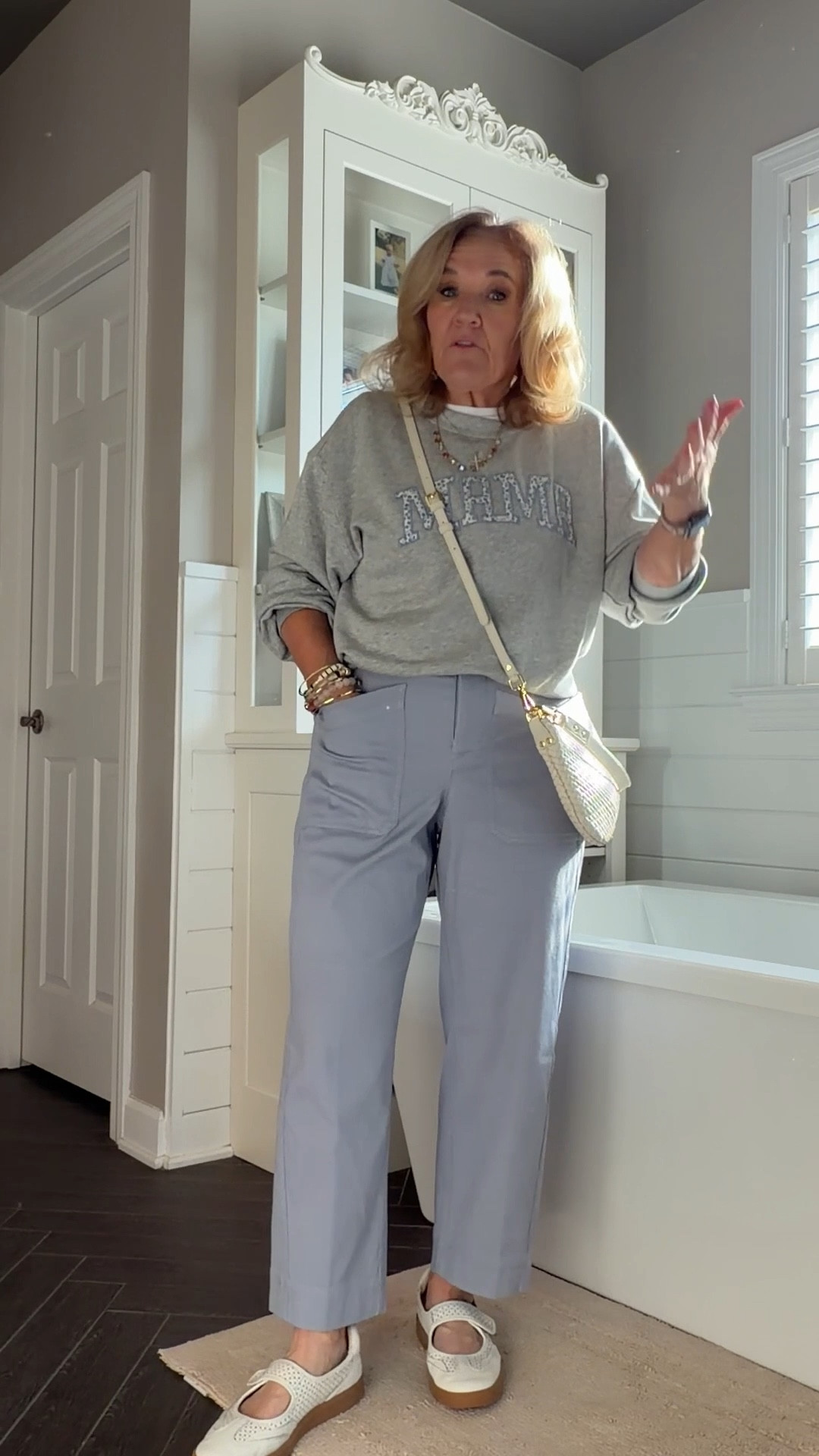 Spanx twill barrel pants can be casual or elevated 
Wearing size small petite they do run big 
Sweatshirt size medium 
Tee size small 
Sneakers tts 
20% off my bracelets code NANETTE20
Mama sweatshirt Mother’s Day 

#LTKOver40 #LTKPetite #LTKootd