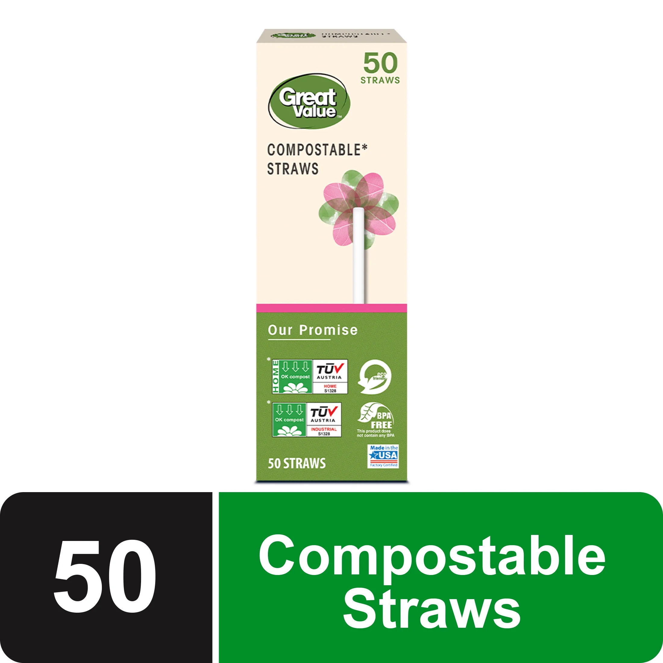 Great Value Sustainable Disposable Eco Straws, Cream, 50 Count | Walmart (US)