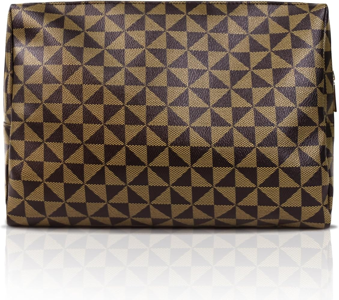 Large Checkered Makeup Bag - Retro Leather Cosmetic Pouch for Women - Waterproof Toiletry Travel ... | Amazon (US)