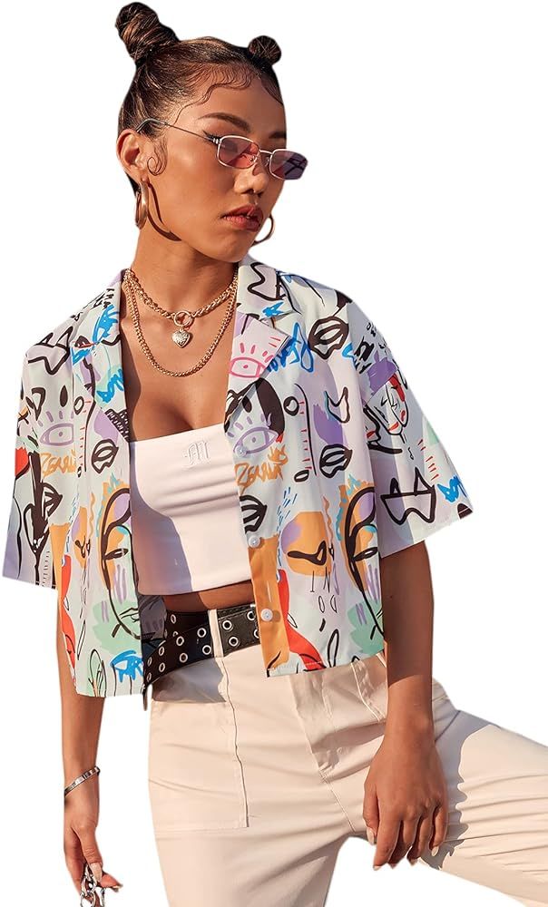SheIn Women's Short Sleeve Collar Drop Shoulder Crop Top Graphic Button Down Shirts Blouse | Amazon (US)