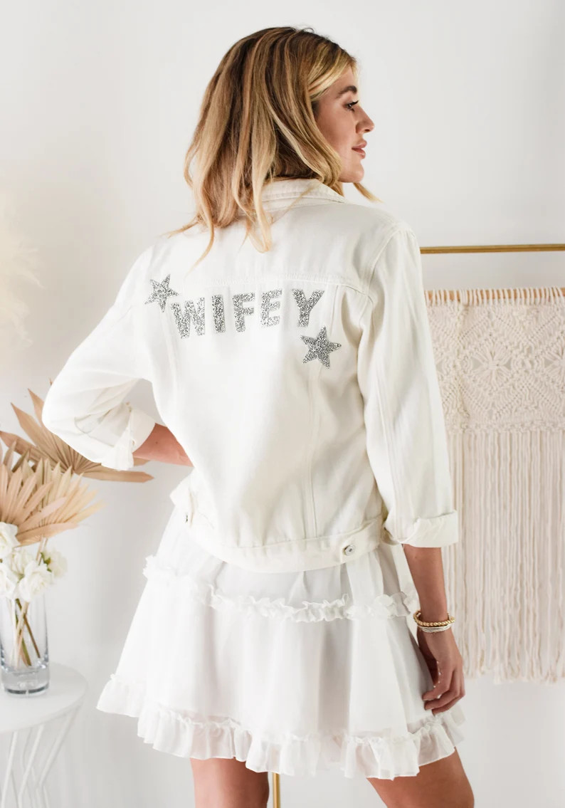 WIFEY Denim Jacket Wedding Jean Jacket White Mrs Jacket Bride Jacket Bachelorette Bride Gift Uniq... | Etsy (US)