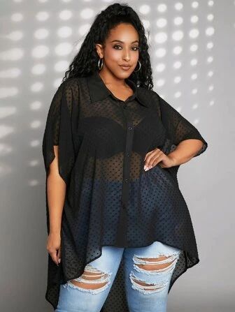 SHEIN CURVE+ Plus Swiss Dot Batwing Sleeve High Low Hem Shirt Without Bra | SHEIN