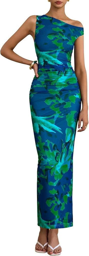 PRETTYGARDEN Women's 2025 Summer Floral One Shoulder Maxi Dress Wedding Guest Ruched Mesh Bodycon... | Amazon (US)