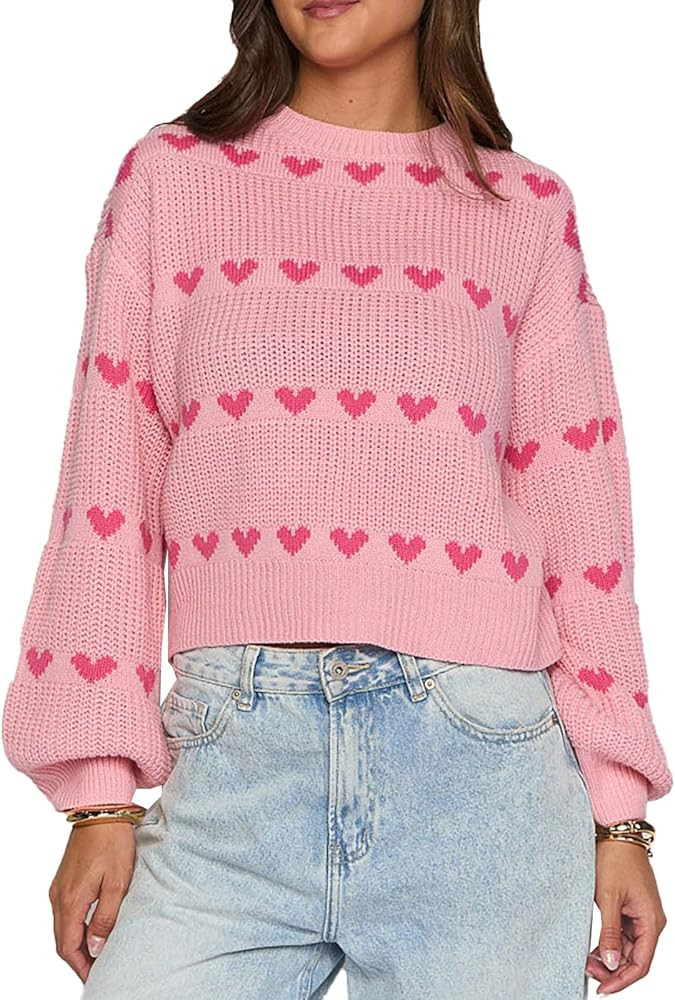 Womens Cute Heart Sweater Y2k Crew Neck Long Sleeve Knitted Tops Valentine Romantic Pullover Swea... | Amazon (US)
