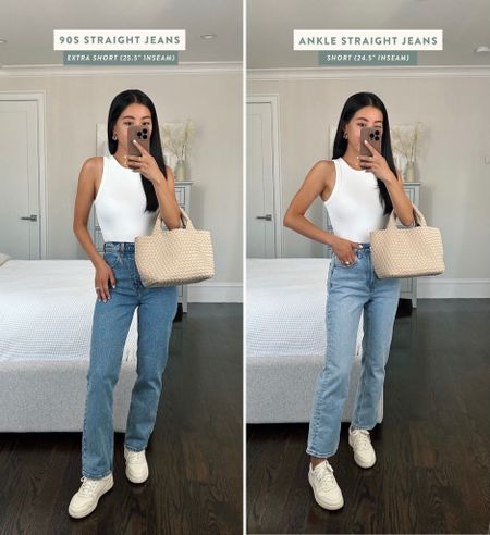 Comparing two great petite friendly styles . The ankle pair is my most worn and versatile jean. The 90s loose is a great alternative to the 90s straight with a slightly wider leg fit.

•Left: Ultra high rise 90s straight jeans in medium wash size 24 extra short 
•Right: Ultra high rise ankle straight jeans in light wash size 24 short 
•Bodysuit xs 
•Everlane sneakers sz 5 
•Naghedi mini tote 
#petite jeans weekend causal#LTKSale

#LTKstyletip