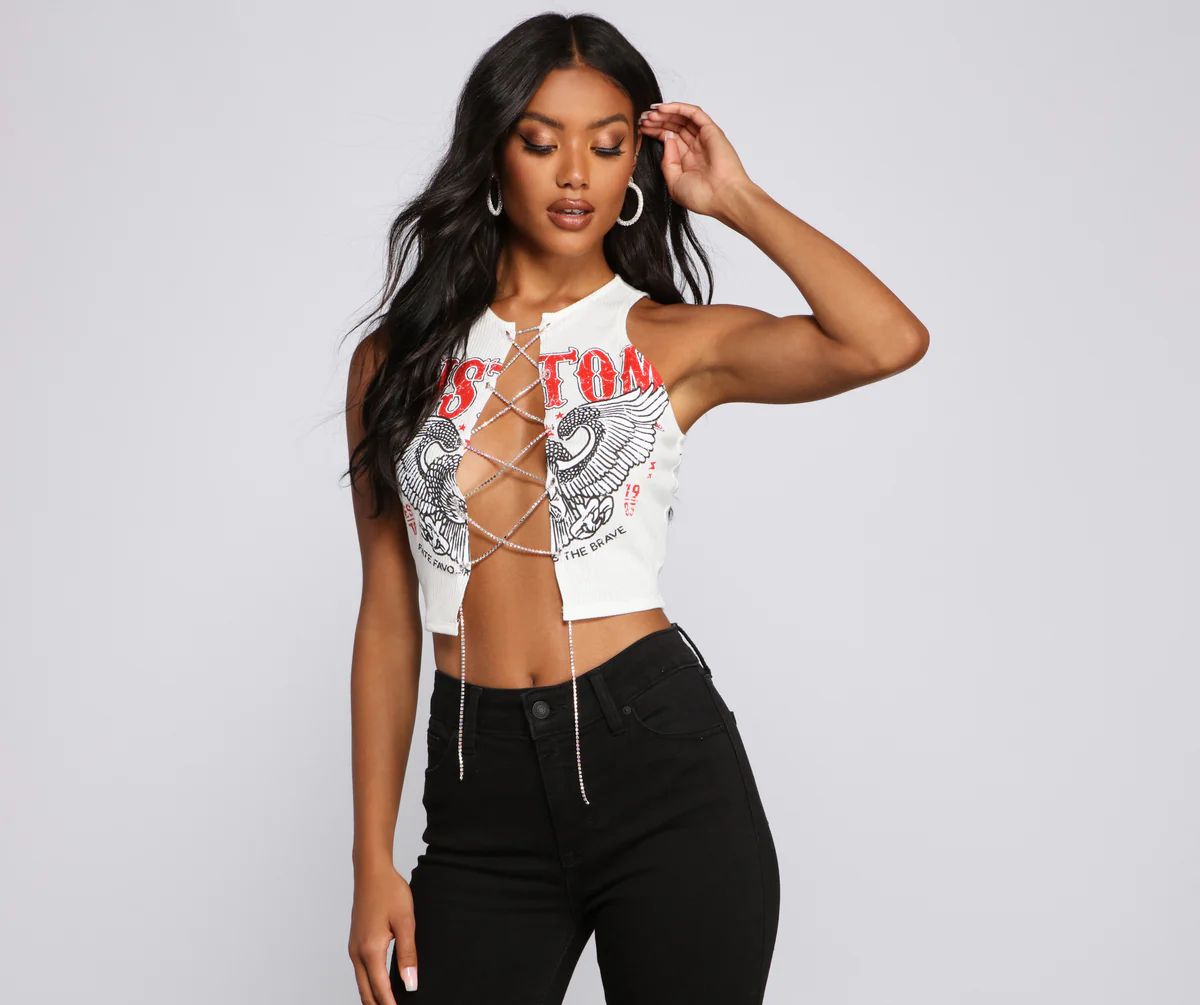 Rock N'Glam Rhinestone Lace-Up Crop Top | Windsor Stores