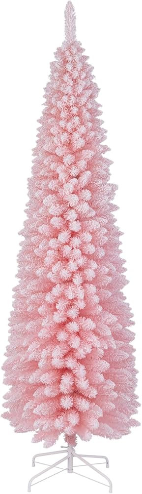 Goplus 7ft Pink Slim Pencil Christmas Tree, Snow Flocked Artificial Unlit Skinny Xmas Full Tree w... | Amazon (US)