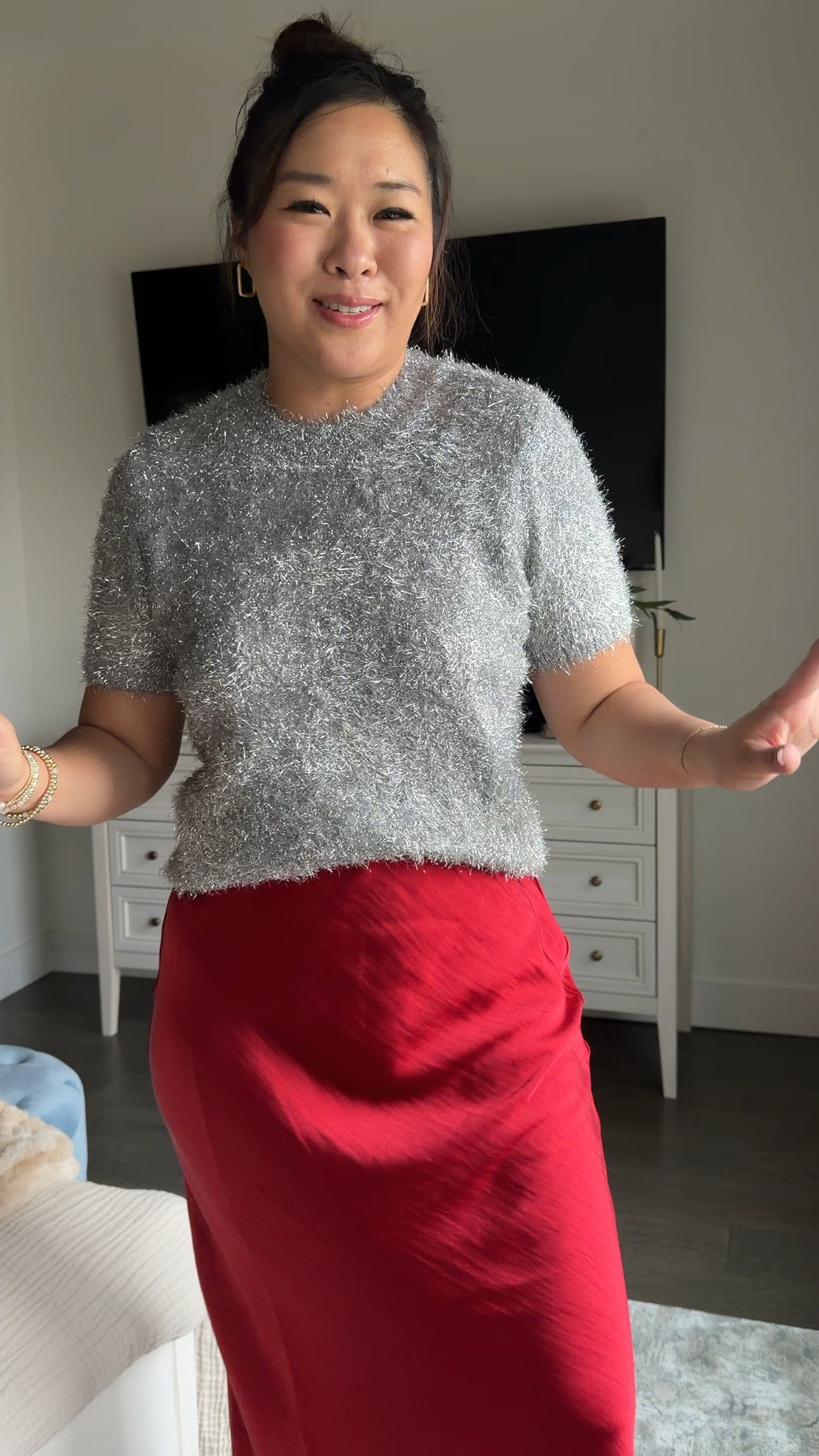 Target holiday outfit 
Tinsel Tee: Medium
Satin Skirt: Medium 