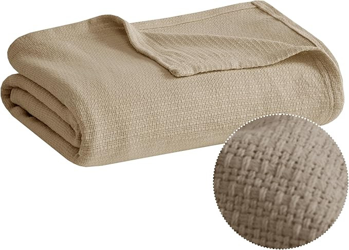 Madison Park Freshspun Basketweave Luxury Cotton Blanket Khaki 108x90" King Size Basketweave Prem... | Amazon (US)