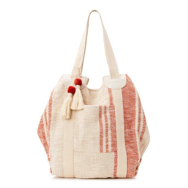 No Boundaries Women's Woven Beach Tote Handbag, Cream | Walmart (US)