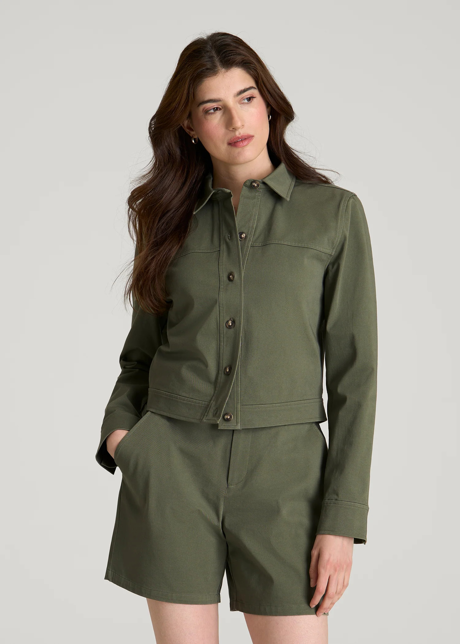 Cropped Stretch Cargo Jacket for Tall Women in Olive | American Tall