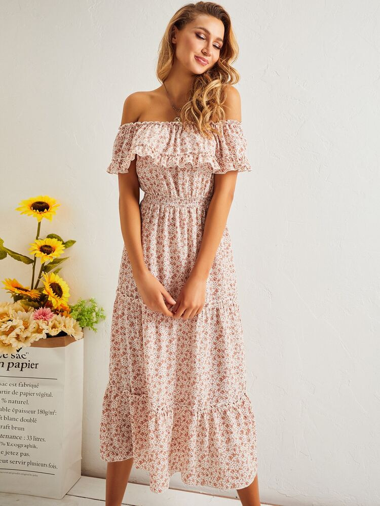 SBetro Ruffle Off Shoulder Shirred Waist Layered Hem Ditsy Floral Dress | SHEIN
