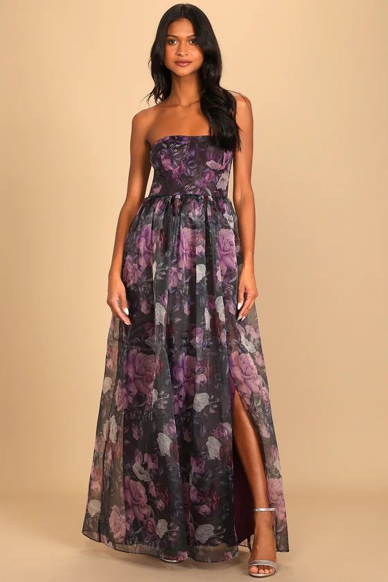 Wonderful Waltz Purple Floral Print Strapless Bustier Maxi Dress | Lulus (US)