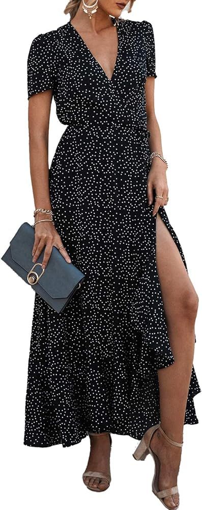 PRETTYGARDEN Women's Summer Wrap Maxi Dress Casual Boho Floral V Neck Short Sleeve Ruffle Hem Split  | Amazon (US)