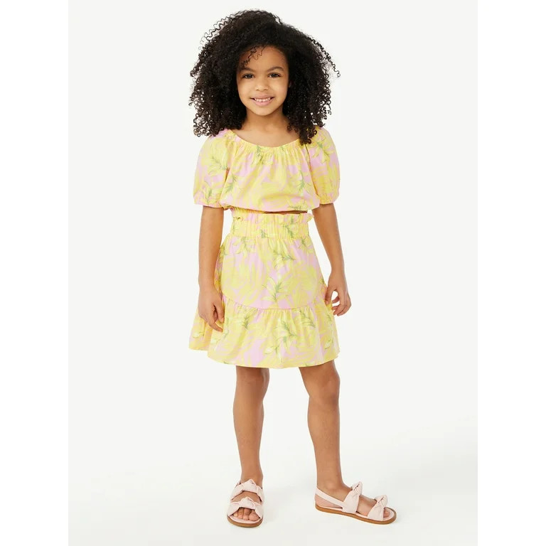 Scoop Girls Puff Sleeve Crop Top and Matching Ruffle Skirt, 2-Piece Outfit Set, Sizes 4-12 | Walmart (US)