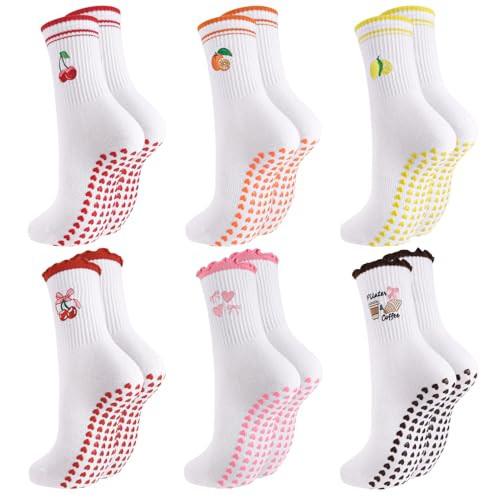 scenicamp 6 Pairs Cute Pilates Socks for Women Ruffle Cuff Grips Yoga Fruits Cherry Embroidery Non-Slip Ballet Socks Colorful | Amazon (US)