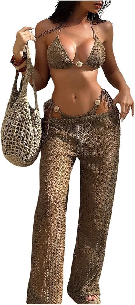 SHENHE Women's 3 Piece Swimsuits Triangle Halter String Bikini Set with Crochet Pants Cover Up | Amazon (US)