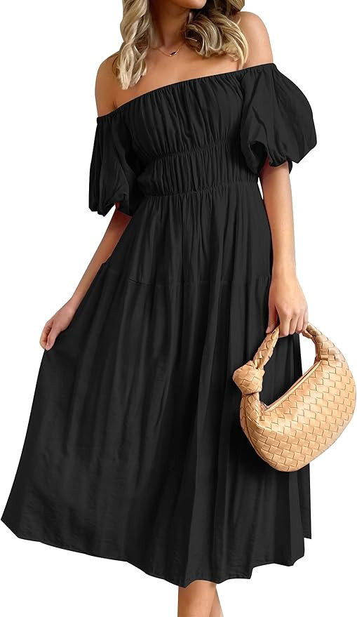 ZESICA Women's Sexy Boho Off Shoulder Puff Short Sleeve High Waist Ruffled Flowy A Line Beach Par... | Amazon (US)