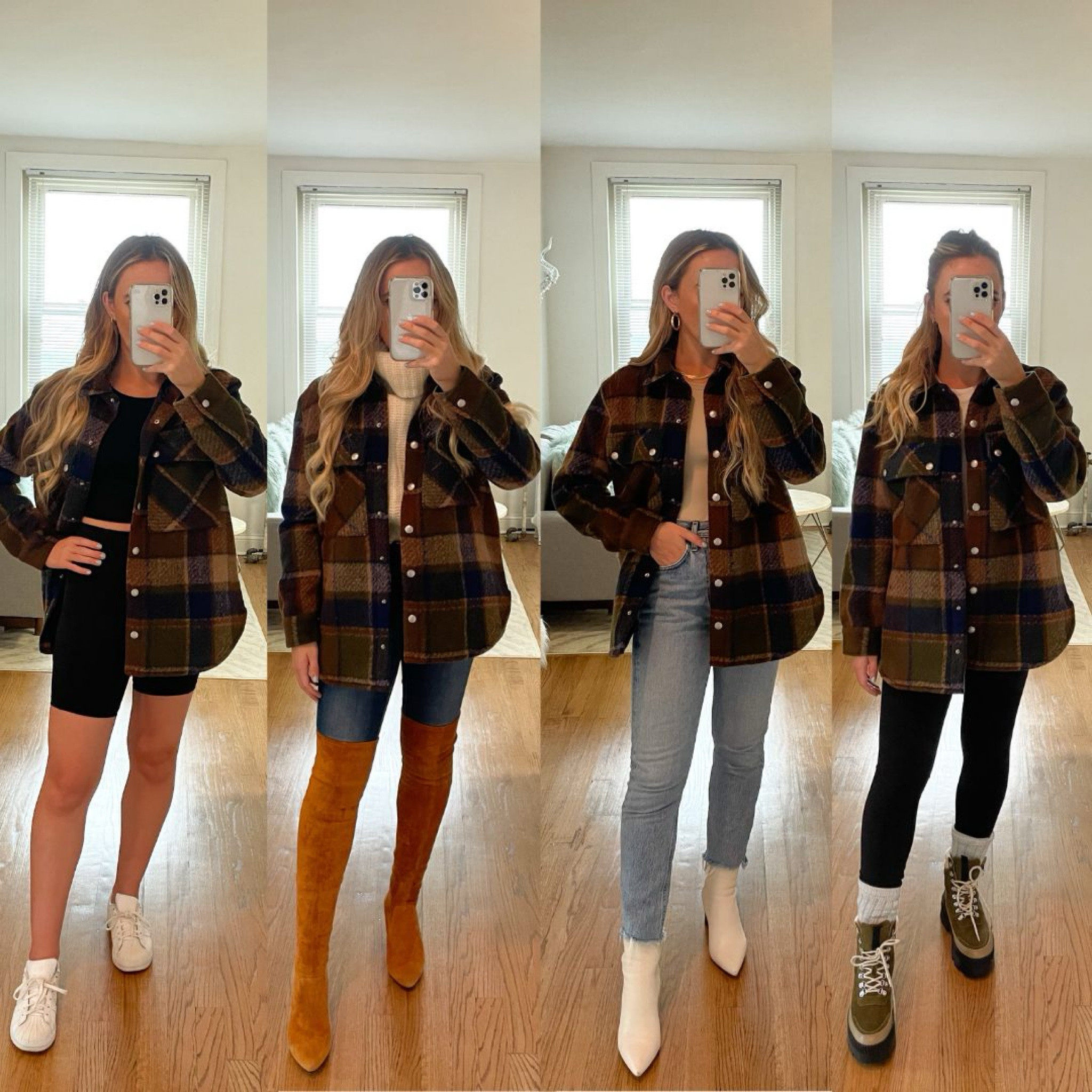 maximize the amount of ways to style your shirt jackets/ flannels 

flannel jacket, shirt jacket, transitional jacket, agolde Riley jeans, lululemon biker shorts, lululemon align leggings, over the knee boots, revolve jacket, blanket nyc, Chicago outfit Midwest #LTKstyletip 

#LTKU #LTKShoeCrush #LTKSeasonal