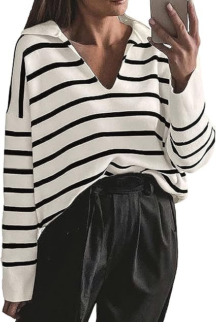 CFLONGE Women's Casual Striped Pullover Sweater Long Sleeve Polo V Neck Lightweight Loose Fit Dro... | Amazon (US)