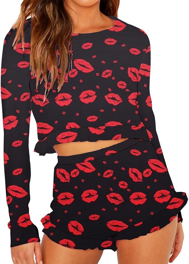 Artfish Women Soft Comfy Short Set Long Sleeve Pjs Cotton Lounge Graphic Cute Printed Loungewear | Amazon (US)