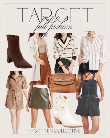 Target fall fashion and outfits! Faux leather skirt, belted dress, cardigan,  western booties, sweater, cardigan, purse, suede dress booties, satin button up shirt, pinafore dress

#LTKstyletip #LTKSeasonal #LTKfindsunder50