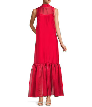 Uma Sleeveless Tie Back Turtle Neckline Organza Maxi Dress | Dillard's