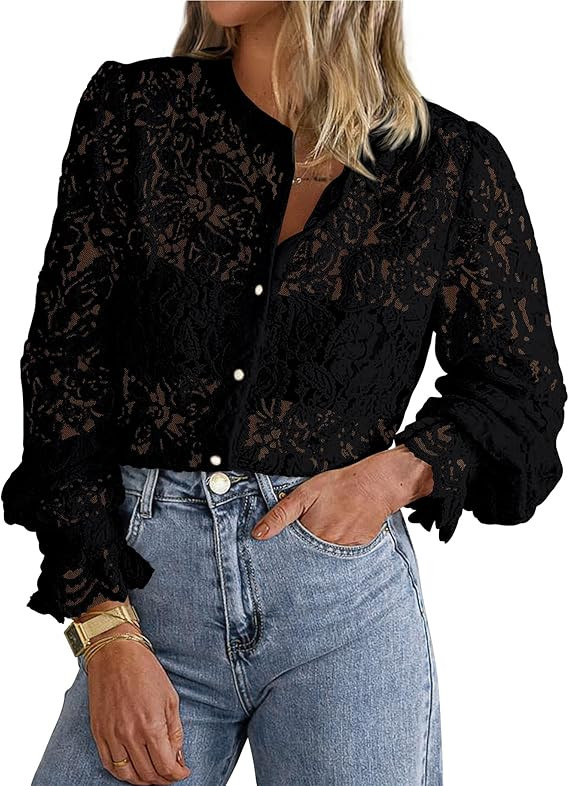 PRETTYGARDEN Women's Dressy Casual Lace Blouse Long Sleeve Button Up Shirts Tops Spring Fall Fash... | Amazon (US)