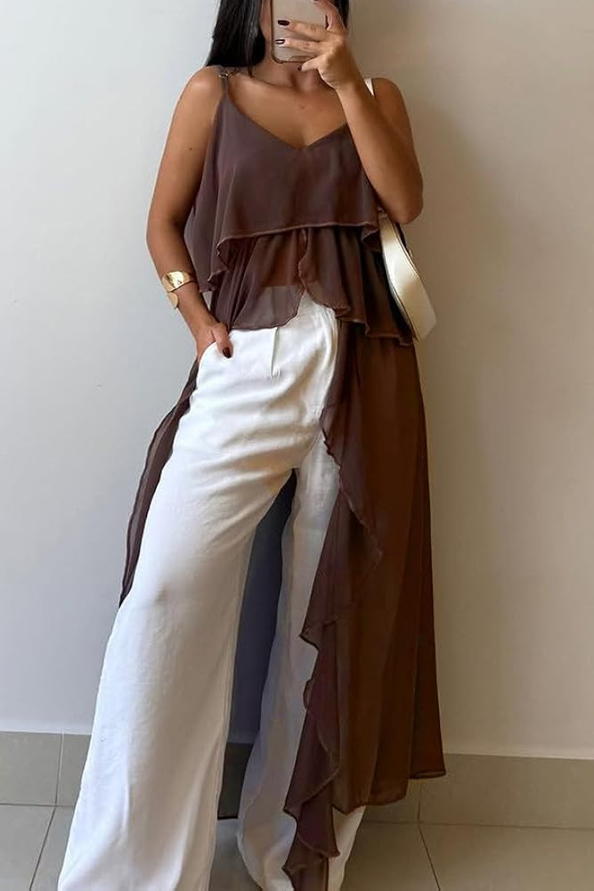 Women Ruffle Split Front Dress Cover Up Spaghetti Strap Backless V-Neck Sheer Longline Cami Shirt... | Amazon (US)