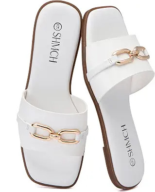 Women's Leather Slide Sandals with Chain Detail, Summer Beach Open Toe Slip On Slipper, Elegant F... | Amazon (US)