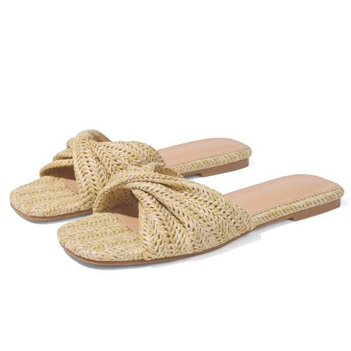 EQAUDES Raffia Flat Sandals for Women Straw Woven Braided Twist Slip On Slides - Summer, Open Toe... | Amazon (US)