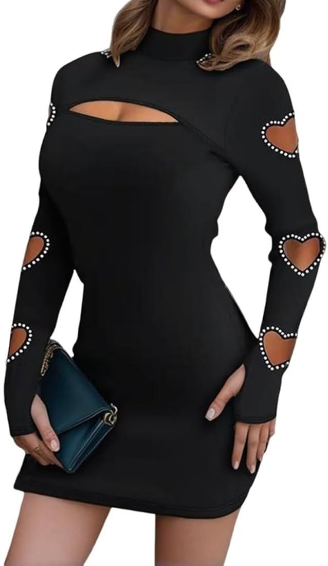 VKEGNIO Heart Cut Out Sparkly Sexy Rhinestone Dress Women Solid Color Heart Cut Out Long Sleeve H... | Amazon (US)