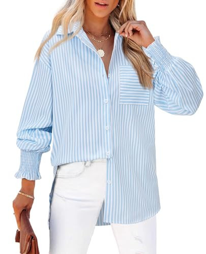 Womens Blue Striped Button Down Shirt Long Sleeve Oversized Collared Mid Length Smocked Cuffed Striped Boyfriend Blouses Button Up Loose Fit Dressy Casual Business Work Office Tops with Pockets | Amazon (US)