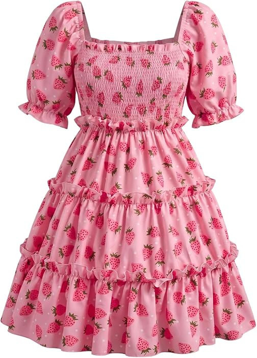 WDIRARA Women's Strawberry Print Tiered Ruffle Flowy Dress Square Neck Smock Puff Sleeve A Line V... | Amazon (US)