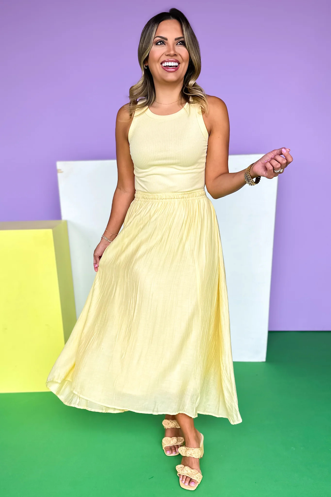 Light Yellow Ribbed Top Elastic Waist Midi Dress | Shop Style Your Senses