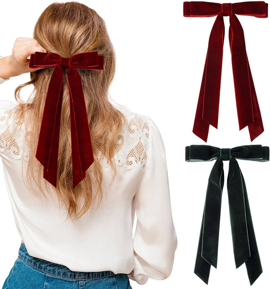 2PCS Wine Red Green Velvet Hair Bows and Clips - Ponytail Holders and Accessories for Women, Girl... | Amazon (US)