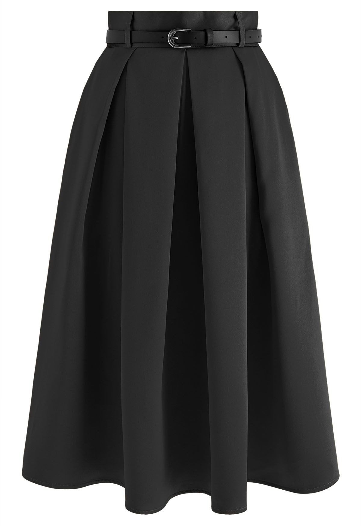 Elegant Pleated Belted Midi Skirt in Black | Chicwish