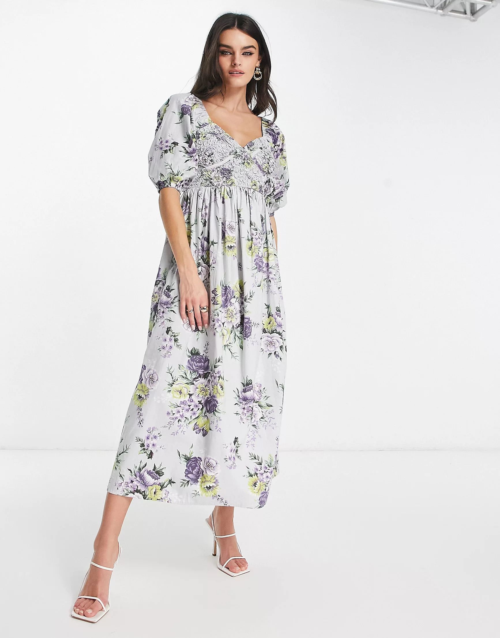 ASOS DESIGN cotton shirred corset midi dress in floral print | ASOS (Global)