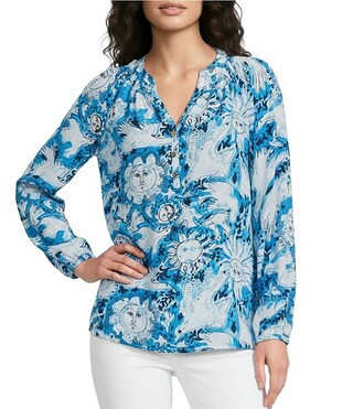 Elsa Lilly Guls Print Notch Collar V-Neck Bracelet Sleeve Blouse | Dillard's