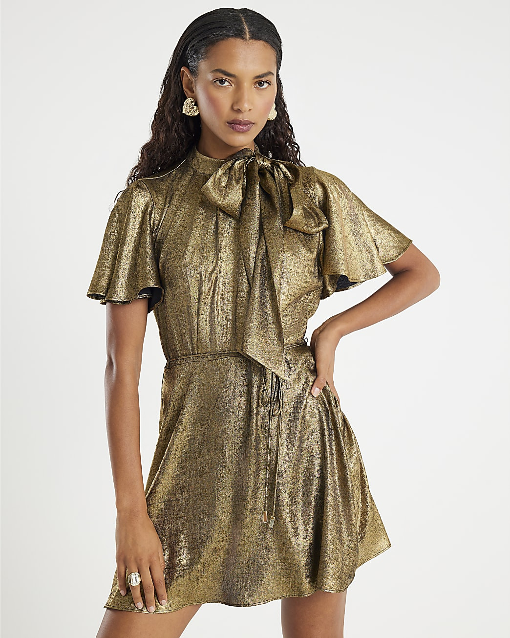 Gold metallic Pussybow Flippy Dress | River Island UK & IE