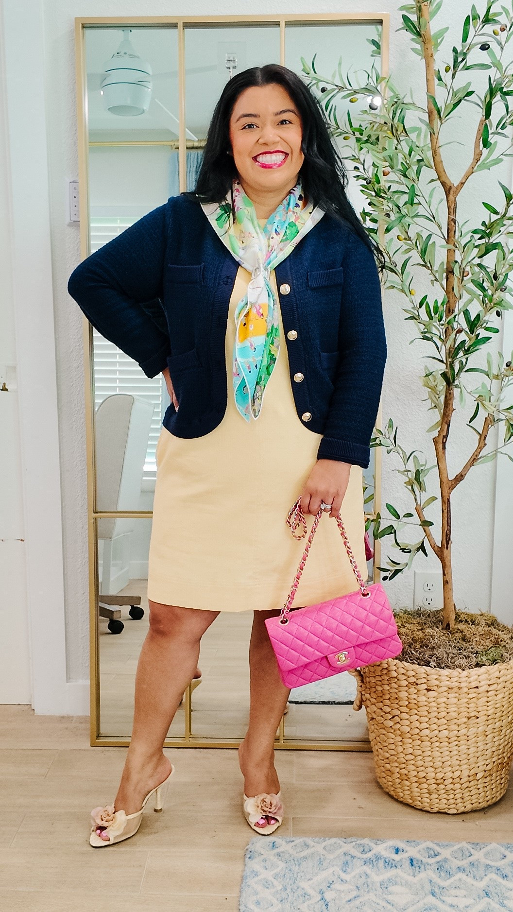 🌷This @Spanx butter yellow shift dress is so sooo pretty! It doesn’t have any stretch, and so I’m wearing an XL. I love the texture and it feels so luxe! #spanxpartner 

🌷My navy cardigan is from Walmart from last season but I will link one similar. 

🌷My scarf is Hermes and I love how scarves always add a colorful pop to an outfit. I have linked mine and similar ones at different price points that I’ve also been loving. 

🌷My shoes are from @macys  and they are the perfect floral mule for the summer! 

🌷My bag is Chanel and can be rented from @Vivrelle  .

🌷Classic outfit, spring outfit, modest fashion, petite fashion, mid size fashion, how to style spring clothes for short girls, summer capsule wardrobe, summer outfits I’ve worn recently, Teacher outfits, date night outfits, back to school outfits, Smile and Pearls

#LTKWorkwear #LTKOver40 #LTKMidsize