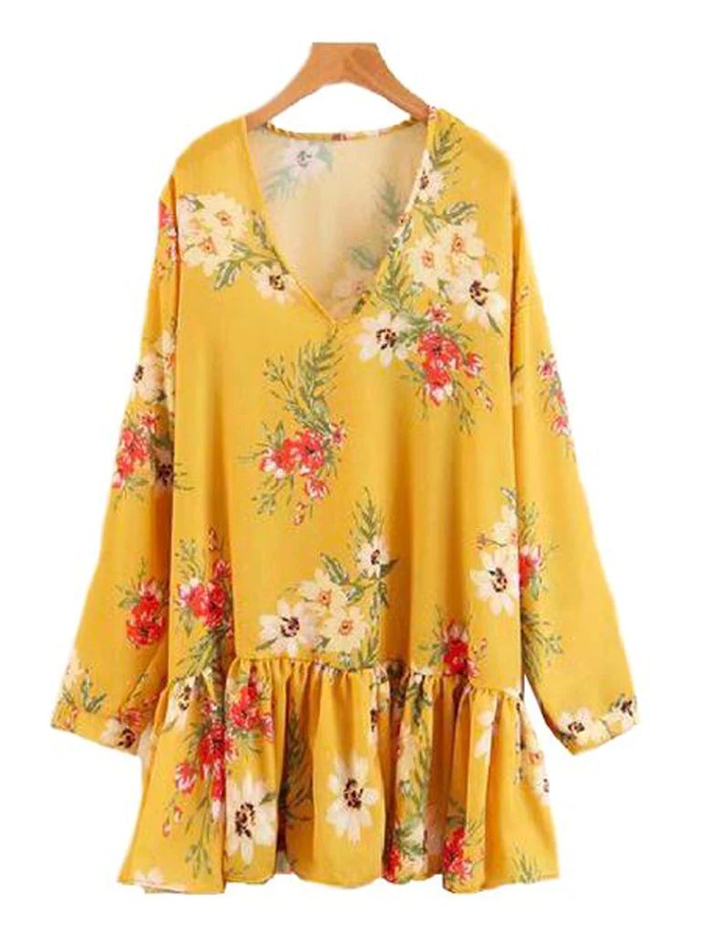 'Salma' V-neck Floral Ruffle Peplum Dress | Goodnight Macaroon
