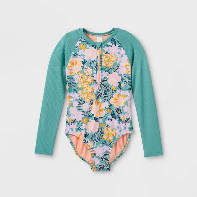 Girls' Floral Print Ribbed Long Sleeve One Piece Rash Guard - Cat & Jack™ Green | Target