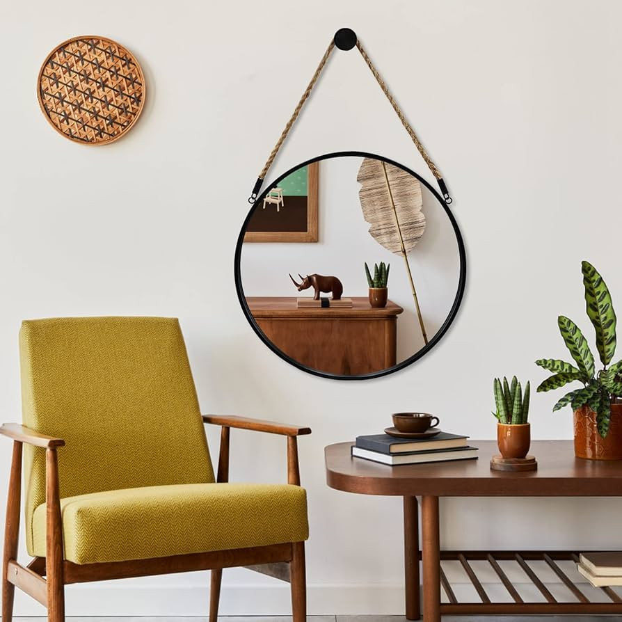 Black Round Hanging Mirror, Circle Rope Mirror, 15 Inch Farmhouse Mirror with Hanging Rope for Ba... | Amazon (US)